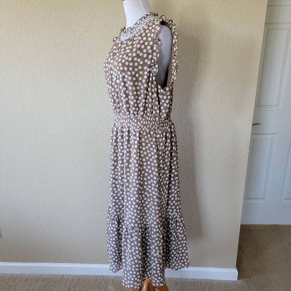 J. Crew Smocked-Waist Polka Dot Midi Dress in Brown, Size L - Picture 5 of 9